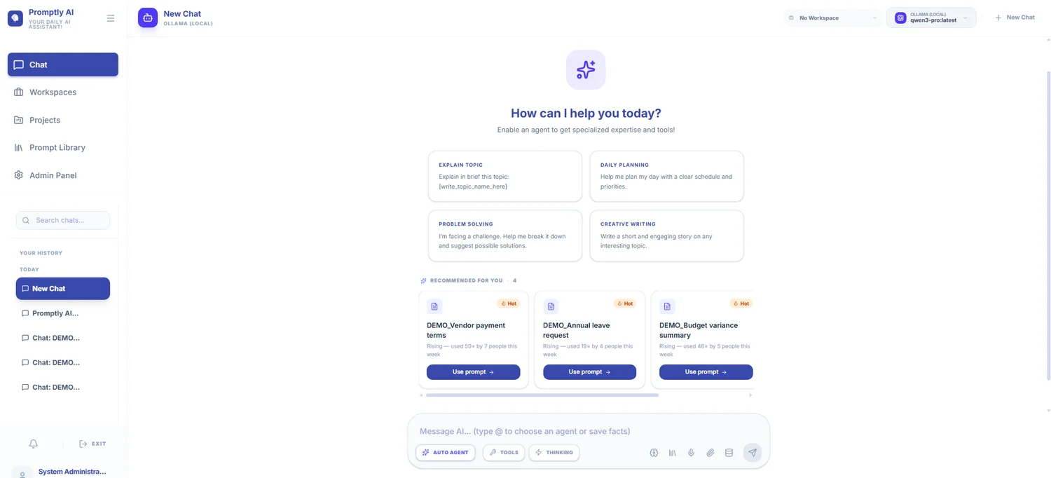Promptly AI Chat Studio: a new chat with suggested prompts, recommended prompt cards, and an agent-and-tools message bar